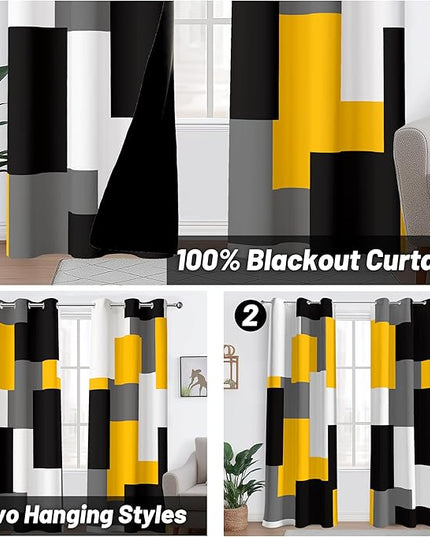 Yellow 100% Blackout Curtains for Bedroom 84 inch Length 2 Panels Set White Grey Modern Abstract Geometric Black Out Curtains Insulated Room Darkening Window Drapes for Living Room, 42Wx84L