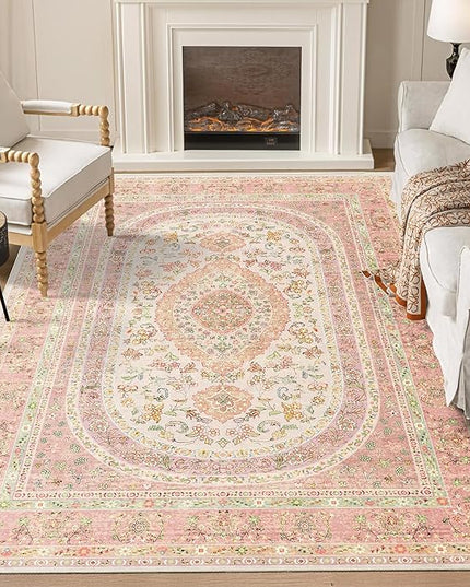 5x7 Area Rugs Washable,Pink Rug for Living Room Bedroom Kitchen,Large Boho Vintage Bohemian Distressed Farmhouse Carpet Non Slip,Blush Floral
