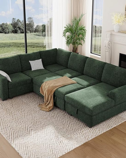 Vesgantti 113.6" Modular Sectional Sofa with Pull Out Couch Bed, 7 Seater U Shaped Sleeper Sofa with Storage Chaise, Chenille Sectional Couch for Living Room, Bedroom, Apartment, Green