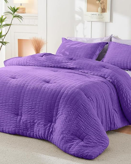 HYMOKEGE Dark Purple/Lavender King Size Comforter Set Seersucker 7 Pieces, All Season Luxury Bed in a Bag for Bedroom, Bedding Set with Comforter, Sheets, Pillowcases & Shams