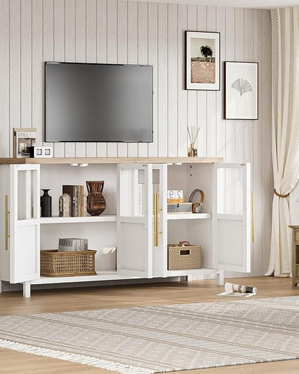 Sideboard Buffet Cabinet, 55" Large Modern Farmhouse Storage Cabinet Table with 4 Glass Doors and Shelves, Multi-Room Use for Kitchen, Dining Room, Living Room, and Hallway