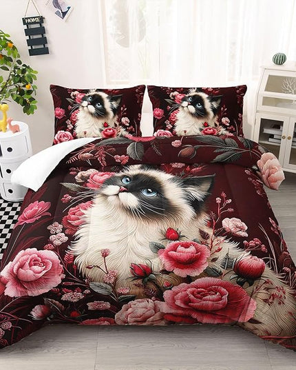AILONEN Cute Kitten Comforter Set,Kawaii Siamese Cat Bedding Sets for Kids Girls Queen Size,Pink Floral Duvet Set with 2 Pillowcase,Soft Breathable and Microfiber