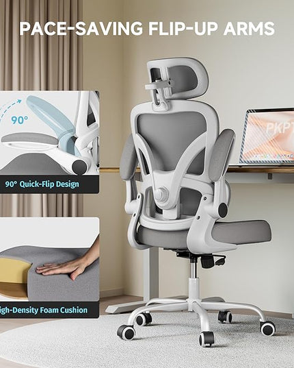 Ergonomic Office Chair with Adjustable Lumbar Support & Headrest, 330 LBS High Back Mesh Chair with Flip-up Armrests for Long Hours, Home Office Desk Chair, White and Gray