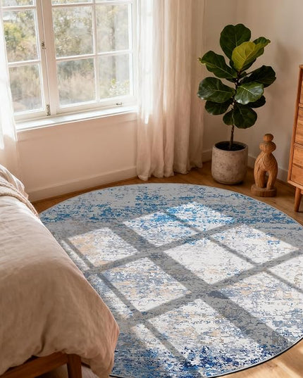 Modern Abstract 8x8 Round Area Rug Non Slip Non Shedding Rug Low Pile Stain Resistant for Bedroom Living Room Office Dining Room,Blue/Grey