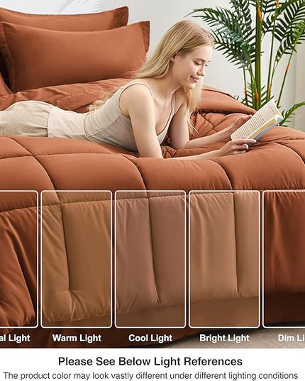 Love's cabin Twin Comforter Set Burnt Orange, 5 Pieces Twin Bed in a Bag, All Season Bedding Sets with 1 Comforter, 1 Flat Sheet, 1 Fitted Sheet, 1 Pillowcase and 1 Pillow Sham