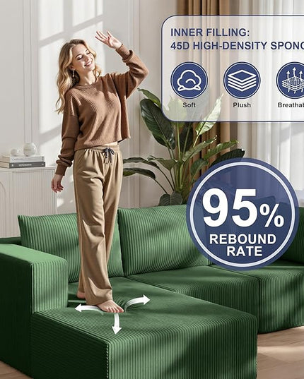 138" Boneless Couches for Living Room, Modular Cloud Couch Sofa - 4 Pieces L Shap Corduroy Sectional Sofa, Fluffy Memory Foam Sleeper Sofa Furniture, No Assembly, Wide Armrest, Green