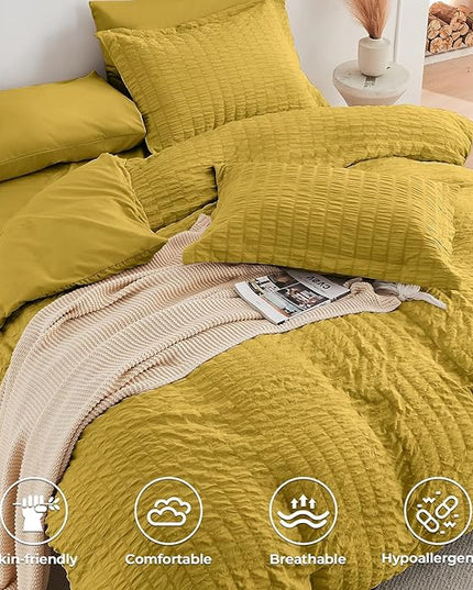 HYMOKEGE Mustard Yellow King Size Comforter Set Seersucker 7 Pieces, All Season Luxury Bed in a Bag for Bedroom, Bedding Set with Comforter, Sheets, Pillowcases & Shams
