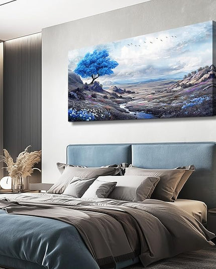 XIGUANGART Blue Flowers Tree of Life Art Prints Painting Landscape Canvas Wall Art for Bedroom Nature Picture Modern Artwork Wall Decor for Living Room Kitchen Home Office Mural Posters Gift 24"X48"