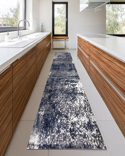 Keen Home Design Area Rugs - 2x20 Non-Shedding, Abstract Rugs for Kitchen, Living Room, Bedroom, Dining Room, Entryway - Size: 2'8" x 20', Navy/Grey/White