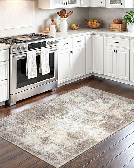 IOHOUZE Abstract Area Rug 3x5 Ft Washable Rugs for Entryway Indoor, Non Slip Kitchen Rug Printed Faux Wool Throw Rugs, Indoor Door Mat for Door Entrance Foyer Living Room, Beige Brown