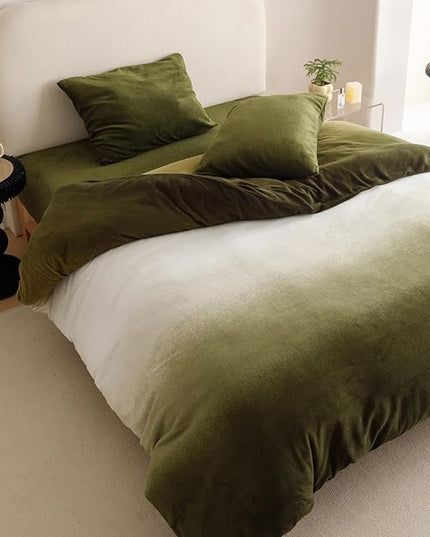 Luxlovery Green Gradient Velvet Comforter Full Fluffy Plush Flannel Bedding Set Full Men Women Army Green White Winter Warm Blanket Quilts Thick Abstract Modern Comforter Set