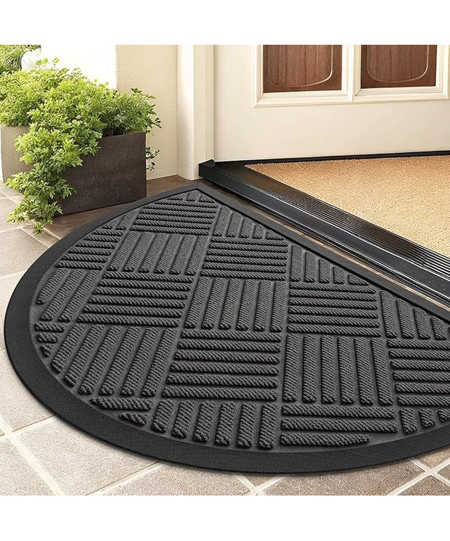 Smiry Half Circle Front Door Mat Outside Entrance, Heavy Duty Outdoor Indoor Natural Rubber Doormat, Non Slip, Trap Dirt and Moisture, Easy Clean, Low Profile Patio Porch Entryway Mat, 29.5x17, Grey