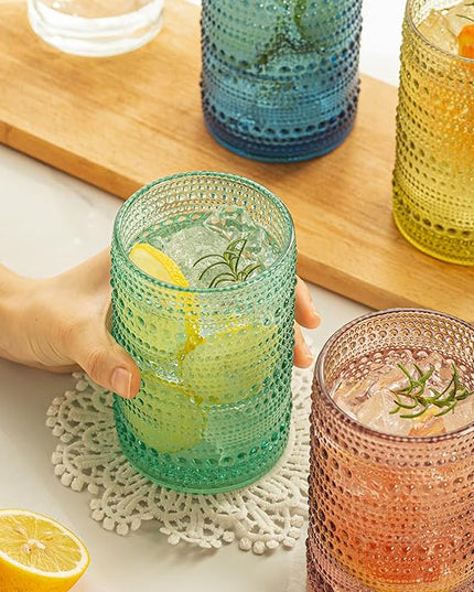 Vintage Glassware Set - 4pcs Multicolor 15.2oz Hobnail Drinking Glasses for Beer, Cocktail, Soda & Juice - Embossed Old Fashioned Glassware with Four Unique Colors