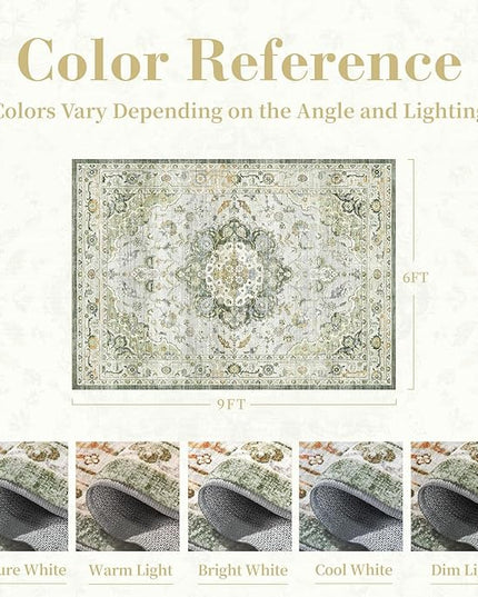 PADOOR-Vintage Area Rug 6X9 Rugs for Living Room-Soft Green Rugs for Bedroom-Machine Washable Rugs Non Slip Carpet-Rug for Dining Room Living Room Bedside Office