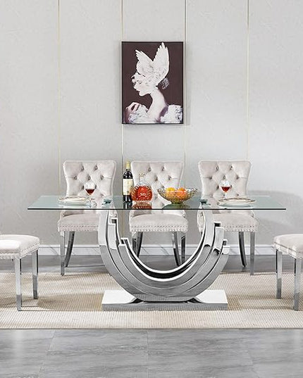 Henf 7-Piece Glass Dining Table Set with 6 Upholstered Dining Chairs, Large Dining Table and Chair Set for 6, Modern Glass Kitchen Table Furniture for Dining Room, U Shape Stainless Steel Pesestal