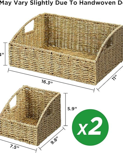 Ollieroo Natural Seagrass Storage Baskets, Handwoven Wicker Storage Bins with Built-in Handles, Storage Container Baskets for Shelves, Bedroom, Bathroom, Laundry Room or Kitchen(Green)