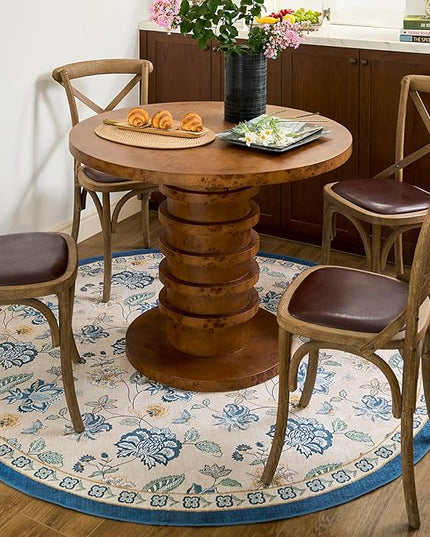 jinchan Elora 6ft Floral Round Rug for Dining Room Washable Living Room Rug Vintage Romance Design Non Slip Indoor Floor Cover Lightweight Low-Profile Throw Carpet for Bedroom Porch Patio, Blue/Beige