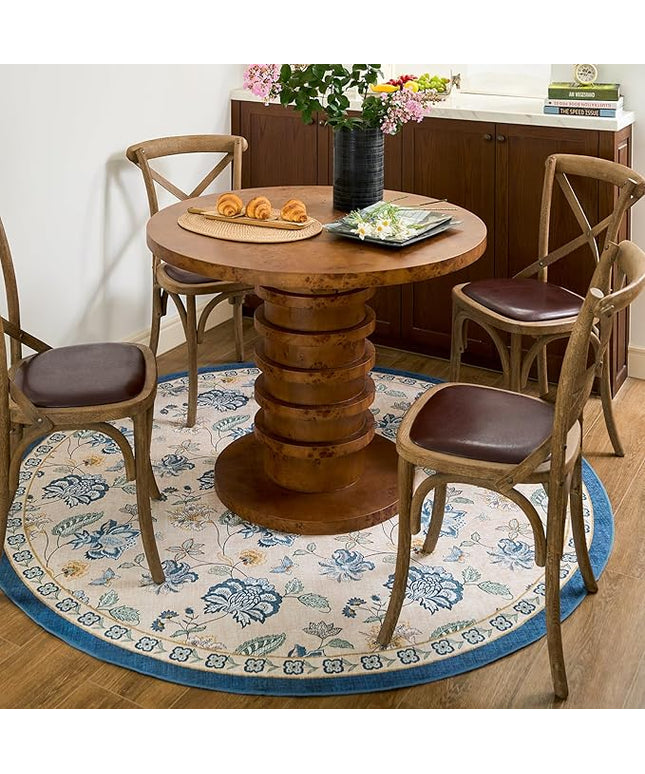 jinchan Elora 6ft Floral Round Rug for Dining Room Washable Living Room Rug Vintage Romance Design Non Slip Indoor Floor Cover Lightweight Low-Profile Throw Carpet for Bedroom Porch Patio, Blue/Beige