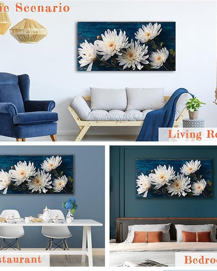 HUADAOART White Chrysanthemum Canvas Wall Art 48 x 24 inches Navy Blue Background Contemporary Floral Print Living Room Decor