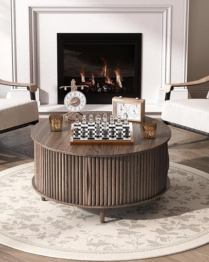 Round Coffee Table with Storage, 31.5" Mid Century Modern Coffee Table with Sliding Door & Solid Wood Legs, Minimalist Fluted Center Table for Living Room, Home Small Space, Walnut