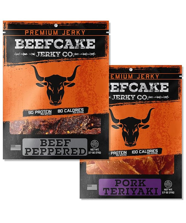 BEEFCAKE Jerky Pork Lover Variety Pack, Beef Jerky Signature Beef Peppered & Asian-Style Pork Teriyaki Mix, 9 Gram of Protein and 100 Calories 2.7 Oz | Pack of 2
