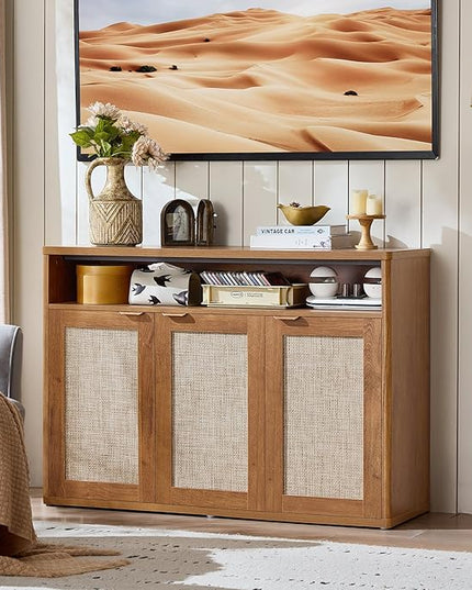 LEYAOYAO Rattan Sideboard Buffet Cabinet,45" Coffee Bar Cabinet with 3 Doors & Open Storage Shelf,Modern Credenza Console Table for Living Room Rattan Farmhouse entryway Brown