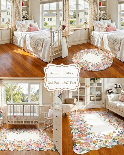 Wonnitar Washable 3x5 Bedroom Rug, Soft Camellia Floral Area Rugs for Living Room, Non Slip Boho Flower Nursery Rug Scalloped Throw Carpet for Kids Room Bedside Entryway Laundry Room (Beige,3'x5')