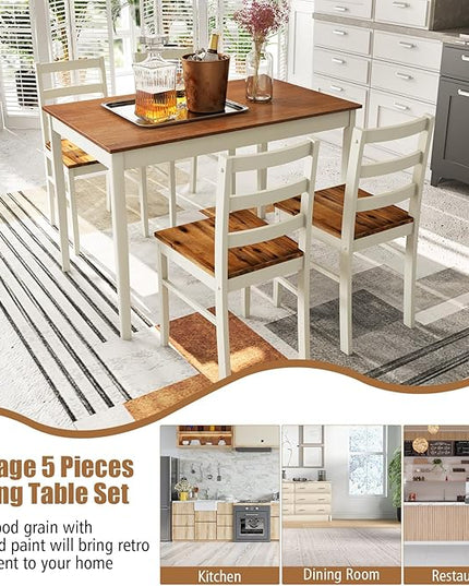 Tangkula Dining Table Set for 4, Solid Wood, Farmhouse Dinette Set w/Rubber Wood Legs, Mid-Century Modern, Compact Dining Table and Chairs Set for Kitchen, Dining Room (Brown+White)