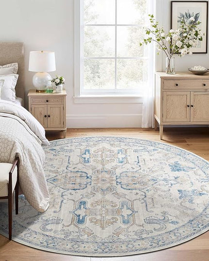 jinchan Round Rug 6ft Area Rug Vintage Floor Mat Kitchen Indoor Ultra-Thin Soft Floral Print Washable Circle 6' Accent for Farmhouse Non Slip Dining Room Living Room Bedroom Office Blue