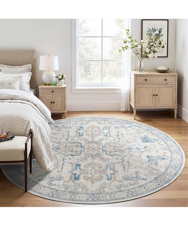jinchan Round Rug 6ft Area Rug Vintage Floor Mat Kitchen Indoor Ultra-Thin Soft Floral Print Washable Circle 6' Accent for Farmhouse Non Slip Dining Room Living Room Bedroom Office Blue