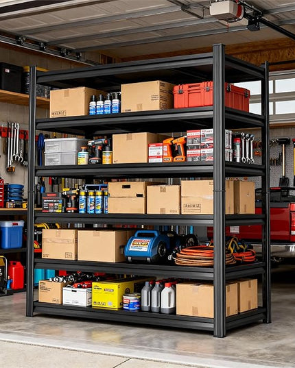 Storage Shelves, Garage Metal Shelving Unit, Adjustable, Double-Layer Column with Reinforced Ribs, Heavy-Duty, Capable of Bearing 600-3600 lbs (Black, 47''W*24''D*77''H, 6-Tier)