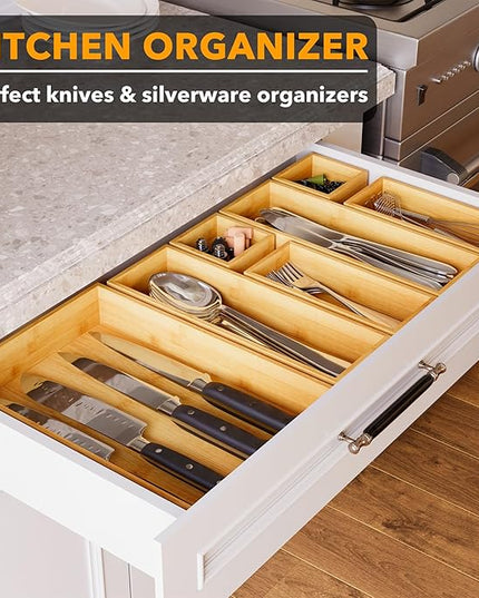 SpaceAid 7-Piece Bamboo Drawer Organizer Storage Boxes Set, Wood Tray Junk Drawer Organizers Multi-Use Divider Bins for Kitchen, Bathroom, Office Desk and Makeup Organization (7 Pack, Natural)