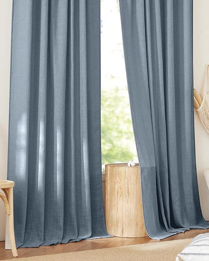 NICETOWN Linen Curtains 84 Inches Long, Rod Pocket & Back Tab Curains for Bedroom Living Room, Light Weight Airy Semi Privacy Sheer Curtains for Urban Decor, 52 x 84 inch, 2 Panels, Stone Blue