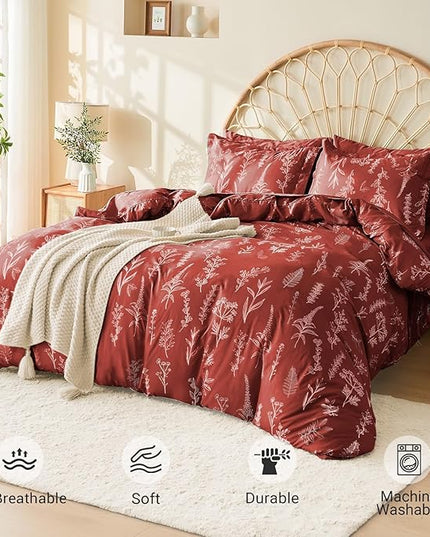 MUXHOMO Terracotta Bed in a Bag Queen 7 Pieces, Queen Comforter Set Reversible Botanical Flowers Design, Ultra Soft & Breathable Bedding Sets with Comforter, Sheets, Pillowcases & Shams