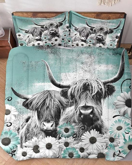 Comforter Set Full Size with 2 Pillowcases, Highland Cow Animal 3 Pcs Bedding for Kids and Adults, Farm Daisy Soft Comforter Set for Bedroom Bed Decor
