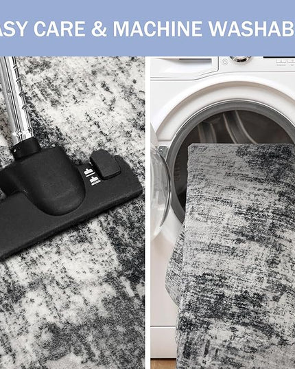 IOHOUZE Modern Abstract Area Rugs 5x7 Ft Washable Rugs for Living Room, Non Slip Dining Room Rug, Printed Faux Wool Rugs for Bedroom, Floor Carpet for Office Nursery Playroom, Black Grey