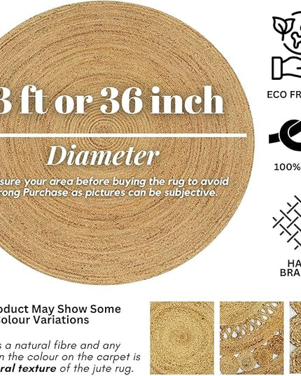 Hand Woven Jute Area Rug - 3' Round - Rustic Beige Reversible Farmhouse Rugs for Bedroom, Kitchen, Living Room - Vintage Natural Braided Entry Floor Décor Circle Boho Round Jute Rug 3ft