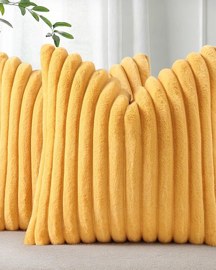 Pallene Faux Fur Plush Throw Pillow Covers 20x20 Set of 2, Luxury Soft Fluffy Striped Decorative Pillow Covers for Sofa, Couch, Living Room, Mustard Yellow