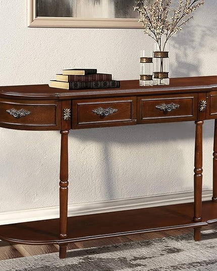 HMFULE Retro Curved Console Table, 52" Half Moon Console Table Sofa Table Entryway Table with 2 Drawers 1 Open Shelf Solid Pine Legs for Living Room,Entryway,Hallway,Cherry