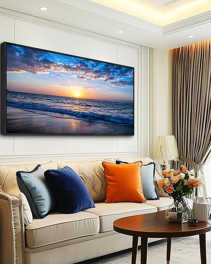 Blue Ocean Framed Wall Decor Living Room Large Size Canvas Wall Art For Bedroom Boho Home Decor Sea Beach Canvas Pictures Artwork Sunny Sea View Painting Office Wall Decorations Black Framed 30" X 60"