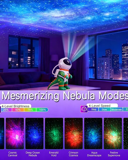 Galaxy Star Projection Night Light, Dinosaur Astronaut Space Projector with Timer, Remote Control, 8 Lighting Modes, Green Nebula Effects for Kids Room Ceiling Decor(Green)