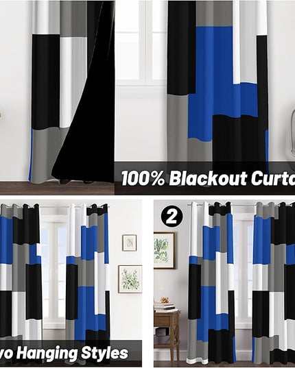 Royal Blue 100% Blackout Curtains for Bedroom 63 inch Long 2 Panels Set Navy Blue Modern Abstract Black Out Curtains Black Grey Insulated Room Darkening Window Drapes for Living Room, 52Wx63L