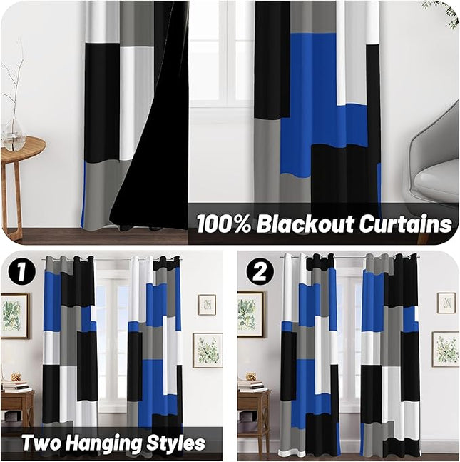 Royal Blue 100% Blackout Curtains for Bedroom 63 inch Long 2 Panels Set Navy Blue Modern Abstract Black Out Curtains Black Grey Insulated Room Darkening Window Drapes for Living Room, 52Wx63L