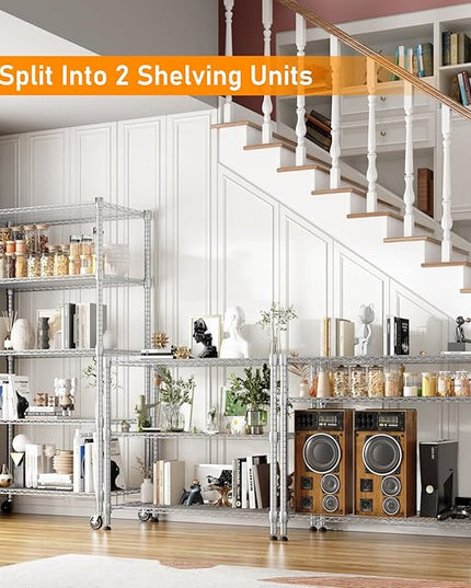 Himimi 5-Tier Heavy Duty Steel Wire Rack Storage Shelving, Adjustable Metal Storage Shelves with Wheels, 82''H Wire Shelf for Kitchen Garage Basement Pantry Organization, 18" D×36" W×82" H-Silver