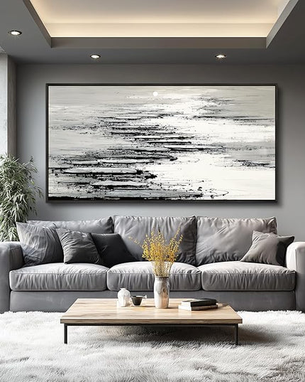 XIGUANGART Framed Canvas Wall Art-Large Wall Decor for Living Room Black and White Minimalist Abstract Pictures Nature Ocean Skyline Sunset Artwork Modern Painting For Bedroom Office Home Decorations