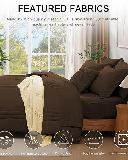 Monbix King Size Comforter Set - 7 Pieces Bed in a Bag King, Chocolate Brown Bedding Sets with Comforter, All Seasons Down Alternative Comforter Bed Set with Sheets, Pillowcases & Shams