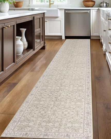2x12 Washable Runner Rug for Kitchen, Cream Beige White Grey Soft Classic Runner with Non-Slip, Non-Shedding Distressed Floral Rug for Hallways Entryway Bedroom Laundry Indoor