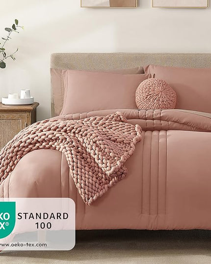Monbix Full Comforter Set - 7 Pieces Clay Pink Bed in a Bag Full Size Bedding Sets with Comforters, All Seasons Down Alternative Comforter with Sheets,Pillowcases & Shams