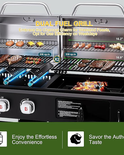 Brand-Man Propane Gas and Charcoal Grill Combo, Dual Fuel BBQ Combo Grill with Stainless Steel Dual Lids & 2 Side Shelves for Outdoor Kitchen & Backyard Barbecue Cooking
