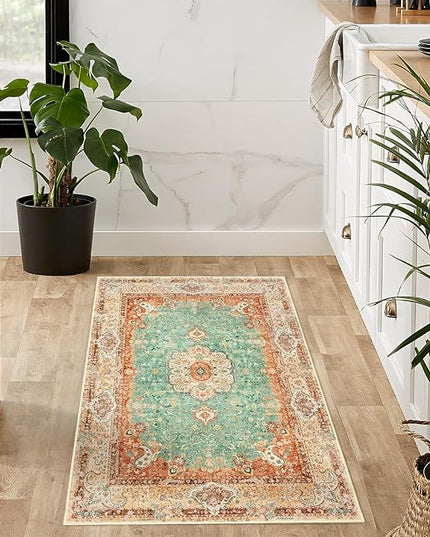 Small Rugs 2x3,Boho Rug for Entryway Bathroom Bedroom Kitchen Entrance Doormat,Vintage Bohemian Distressed Farmhouse Washable Accent Floor Throw Carpet Non Slip,Retro Orange Green Floral